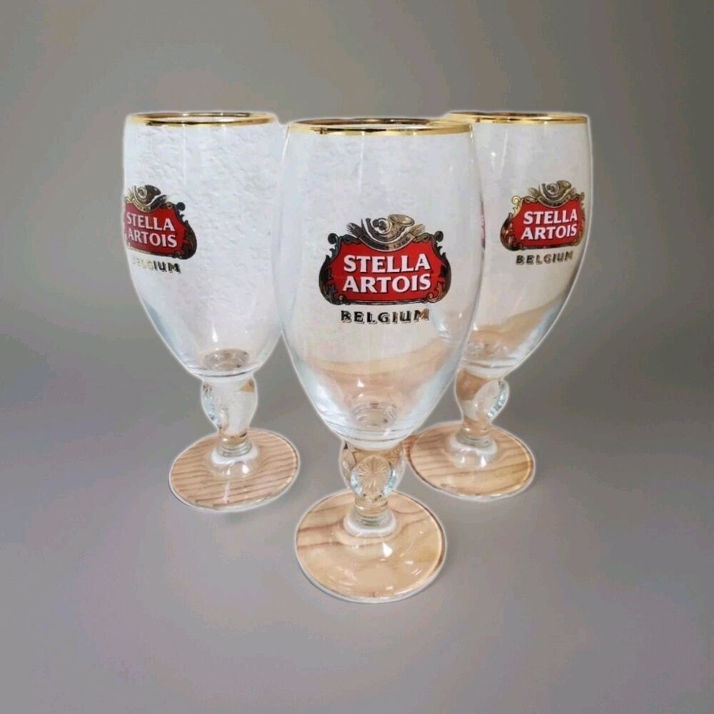 STELLA ARTOIS BELGIUM Beer Glasses Stemmed Beer Gold Rim Logo Set